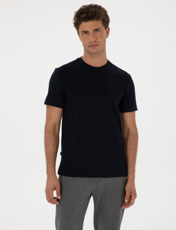 Lacivert Regular Fit Kal_n Dokulu Bisiklet Yaka Basic Ti__rt