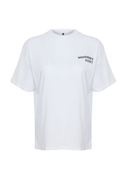 TRENDYOLMILLA Beyaz %100 Pamuk Ay?c?k Bask?l? Oversize/Genis Kal?p K?sa Kollu Orme T-Shirt TWOSS24TS00173 фото 7