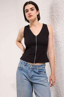 Siyah Cift Tarafl? fermuarl? Fitted Kolsuz Esnek Orme Bluz TWOSS25BZ00567 - Trendyolmilla фото 2