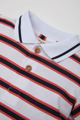 Полосатая футболка-поло из пике с короткими рукавами для маленьких мальчиков - Defacto фото 2