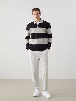 Polo Yaka Uzun Kollu ?izgili Erkek Sweatshirt