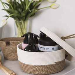 Корзина из джута круглая с крышкой 21х21х11см с белым кантом