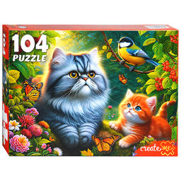 Пазлы 104 "Котики с синицей"