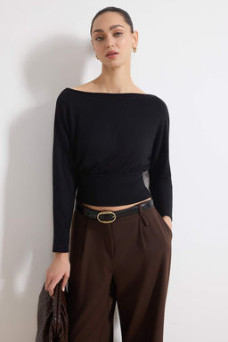 Siyah Fitted/Vucuda Oturan Kay?k Yaka Uzun Kollu Premium Yumusak Orme Bluz TWOSS26BZ00344