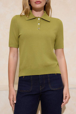 Yag Yesil Premium Iplik/Ozel Iplik Polo Yaka Triko Bluz TWOSS25BZ00184