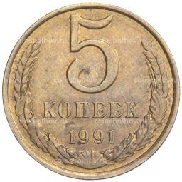 Монета 5 копеек 1991 года Л - Брак (чеканка вне гуртильного кольца)