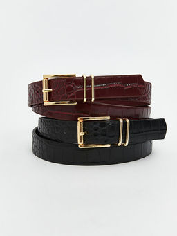 Deri G?r?n?ml? Kroko Desenli Kad?n Kemer 2li