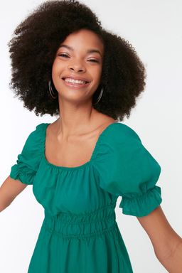 Yesil Skater/Belden Ac?lan Balon Kollu Astarl? Midi Dokuma Elbise TWOSS22EL1768