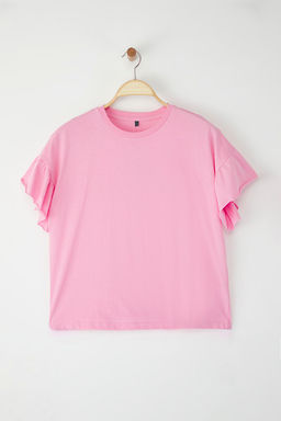 Pembe %100 Pamuk F?rf?r Detayl? Basic Bisiklet Yaka Orme T-Shirt TWOSS22TS2429