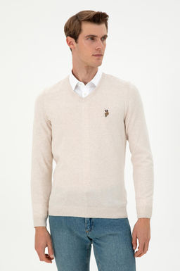 Erkek Slim Fit V Yaka Krem Melanj Basic Kazak