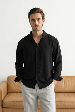 Krem Keten Dokulu Uzun Kollu Yar? Oversize Erkek Gomlek TMNSS26GO00036 - Trendyolmilla фото 3