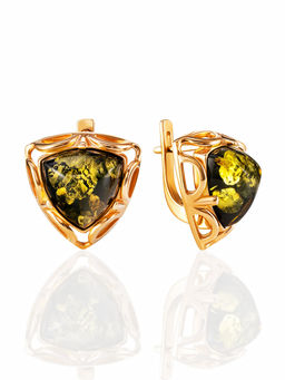 Красивые серьги Арабеска с янтарём зелёного цвета