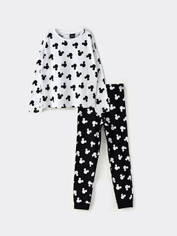 Bisiklet Yaka Mickey Mouse Bask?l? Uzun Kollu K?z ?ocuk Pijama Tak?m?