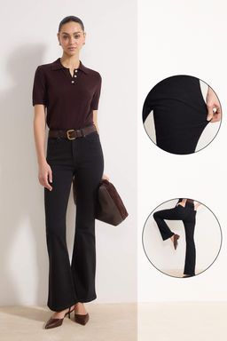 Siyah Yuksek Bel Flare Yumusak Ekstra Esneyen Orme Kot/Jeans TWOSS26JE00091