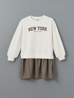 Bisiklet Yaka New York Bask?l? K?z ?ocuk Elbise