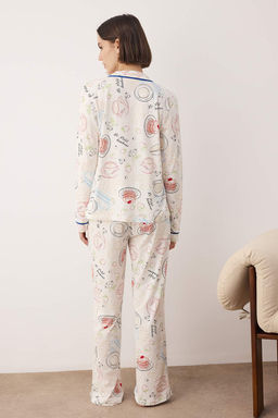 Ekru %100 Pamuk Eglenceli Bask?l? Biyeli Orme Pijama Tak?m? THMAW26PT00201 - Trendyolmilla фото 4