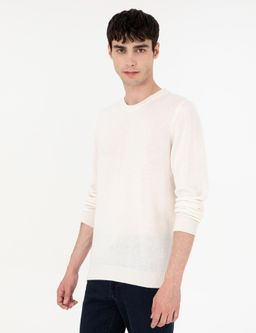 Ekru Slim Fit Bisiklet Yaka Ka_mir Triko Kazak
