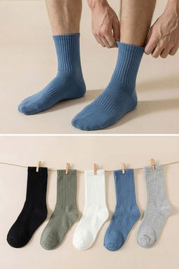 Siyah-Gri-Beyaz-Petrol-Haki Unisex 5li Paket Pamuklu Dokulu Soket-Uzun Boy Corap TMNAW25CO00011