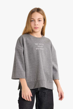 Oversize Geni_ Kal_p Bisiklet Yaka Bask_l_ Sweatshirt K_z _ocuk - Defacto фото 3