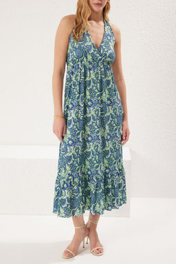 TRENDYOLMILLA Mavi Etnik Bask?l? V Yaka Etegi F?rfl?rl? Buzgulu Fitilli Esnek Maxi Orme Elbise TWOSS25EL00093 фото 4