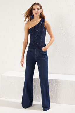 Lacivert Tek Omuz Payet Orme Bluz TPRSS25BZ00009 - Trendyolmilla фото 3
