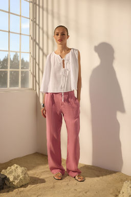Gul Kurusu %100 Keten Pileli Yuksek Bel Wide Leg Pantolon TWOSS24JE00245 - Trendyolmilla фото 2