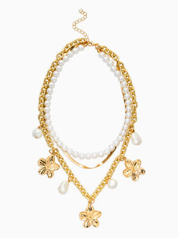 Колье многослойное с подвесками «Жемчуг с цветами», 3 уровня, 34, 36, 40 см, медь, белое в золоте