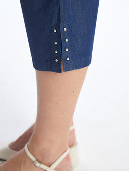 Kad?n Beli Lastikli D?z Jean Kapri