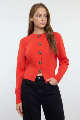 TRENDYOLMILLA Siyah Premium Iplik/Ozel Iplik Crop Gul Dugme Detayl? Ceket Gorunumlu Triko H?rka TWOAW25HI00110