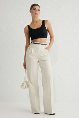 Ekru Pilili Wide Leg/Genis Paca Dokuma Pantolon TWOAW25PL00109 Palazzo