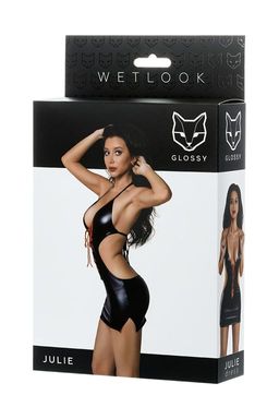 Платье Glossy JULIE из материала Wetlook с красной шнуровкой, черный, М