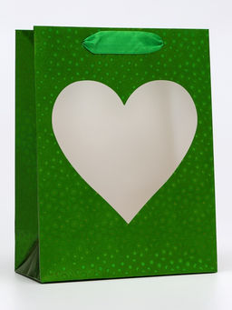Цена за 2 шт. Пакет подарочный голографический с окном «Сердце», «Зеленый», S 23.5×18×8.5 см