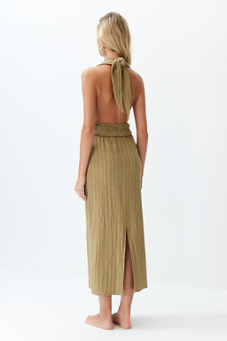 Haki Dokuma S?rt Dekolteli Maxi Plaj Elbise TBESS24EL00096