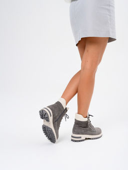 Ботинки 261.uno9gr.Серый замок замша+бежевый/байка