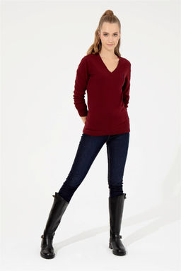 Женский бордовый базовый свитер с v-образным вырезом Неожиданная скидка в корзине - U.s. polo assn фото 4
