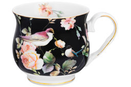Кружка 480 мл 14*10*9,5 см Певчие птички на черном бочонок, NEW BONE CHINA