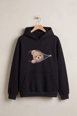 Siyah Kal?n Ici Polarl? Slogan Standart Kal?p Kapusonlu Orme Sweatshirt TWOSS26SW00008