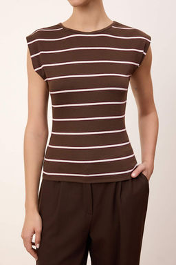 Wardrobe Essentials-Kahverengi Cizgili Fitted/Vucuda Oturan Yumusak Orme Bluz TWOSS26BZ00108