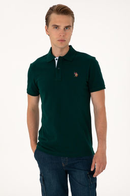 Erkek Slim Fit Polo Yaka Koyu Ye_il Basic Ti__rt