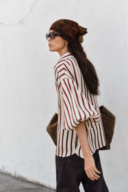 CAMISA RAYAS MANGA ABULLONADA / Crudo / Granate - Zara фото 4