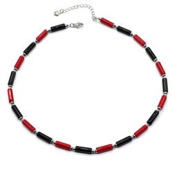 Чокер из коралла и агата черного (имитация) цилиндр 4*13мм, 40см Радуга камня