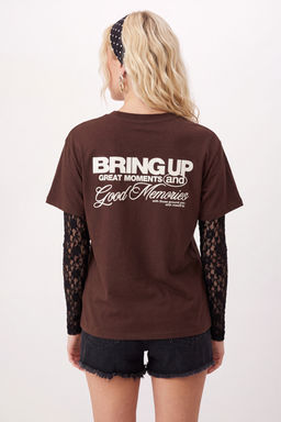Kahverengi Slogan Oversize/Geni_ Kal_p Dantel Detayl_ Uzun %100 Pamuk _rme T-Shirt TWOSS26TS00239 - Trendyolmilla фото 6