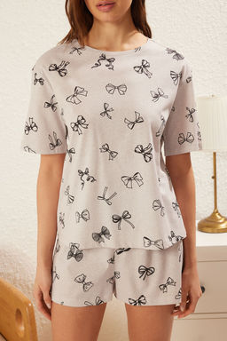 Trendyolmilla Pembe %100 Pamuklu Kurdele/Fiyonklu Sortlu Orme Pijama Tak?m? THMSS25PT00238  фото 4