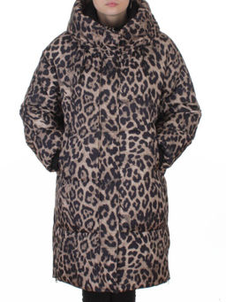 8892 BROWN/LEOPARD Куртка зимняя женская оверсайз с вшитой жилеткой (200 гр. холлофайбер)