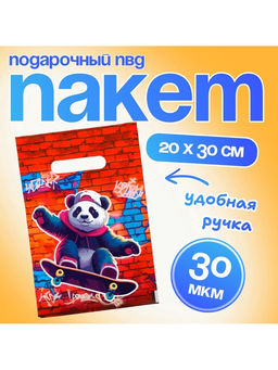 Цена за 50 шт. Пакет подарочный Панда, полиэтиленовый с вырубной ручкой, 20?30 см 30 мкм