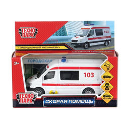 Машина металл свет-звук "Скорая помощь" 14,5см, двери, багаж, инерц, бел, кор.