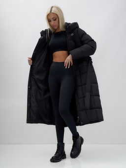Пальто утепленное стеганное зимнее с капюшоном женское черного цвета 9609Ch - Mtforce фото 15