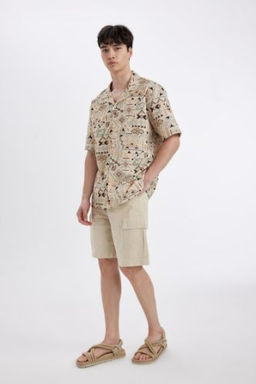Regular Fit Keten Gorunumlu Kargo Bermuda Sort