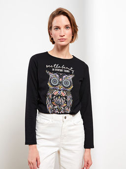 Bisiklet Yaka Bask?l? Uzun Kollu Kad?n Ti??rt