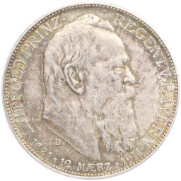 Монета 2 марки 1911 года D Германия (Бавария) 90 лет со дня рождения Луитпольда Баварского